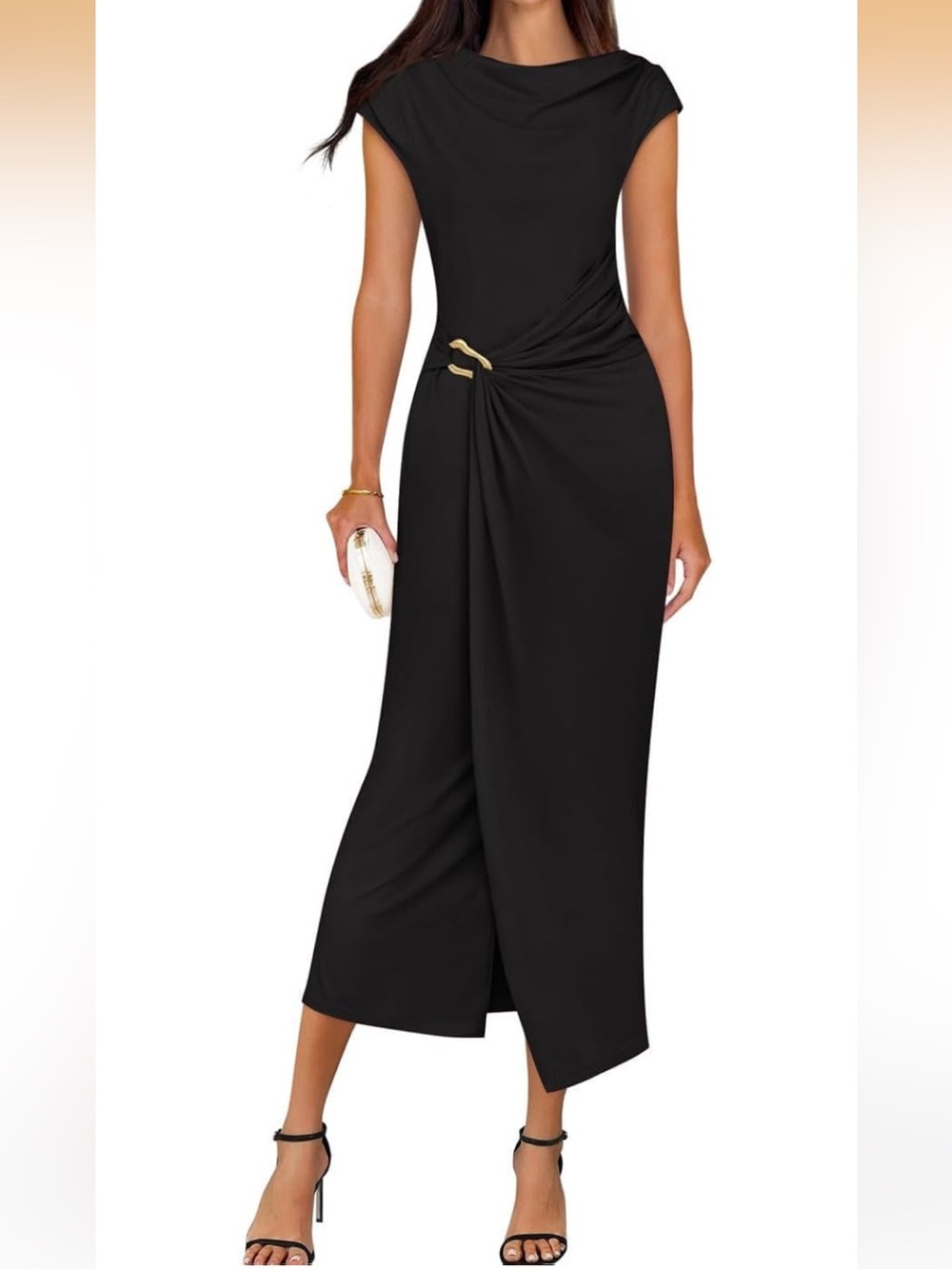 Black Maxi Dress with Gold Accent - Sleek Evening Gown
